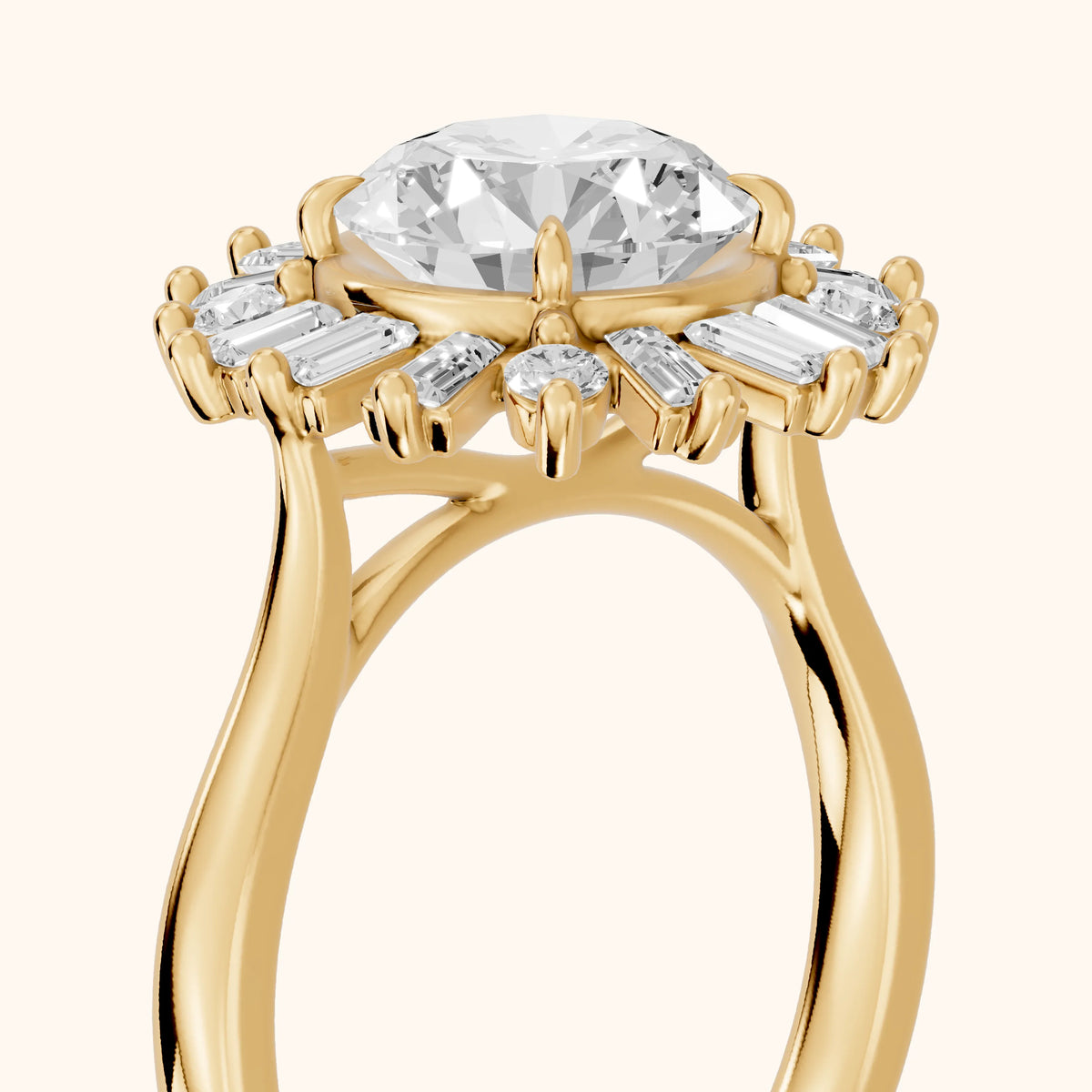 Chelsea Sunburst Halo Round Diamond Engagement Ring in Yellow Gold - slant-view.webp