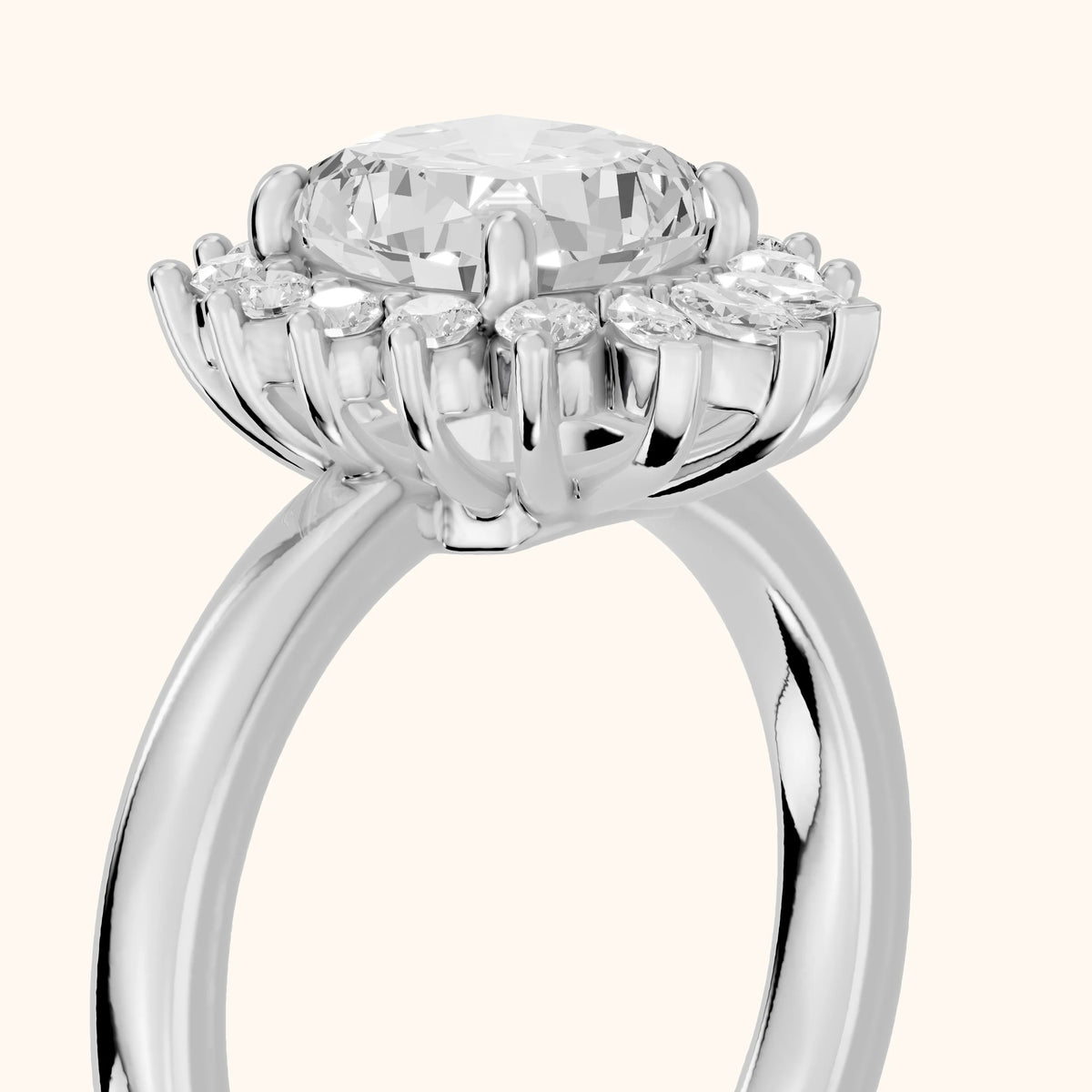 Roslyn Sunburst Halo Cushion Diamond Engagement Ring in Silver - slant-view.webp