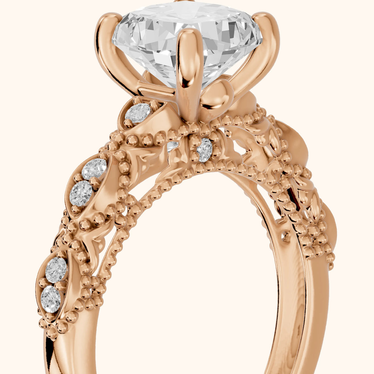 Mae Vintage Filigree Cushion Diamond Engagement Ring in Rose Gold - slant-view.webp