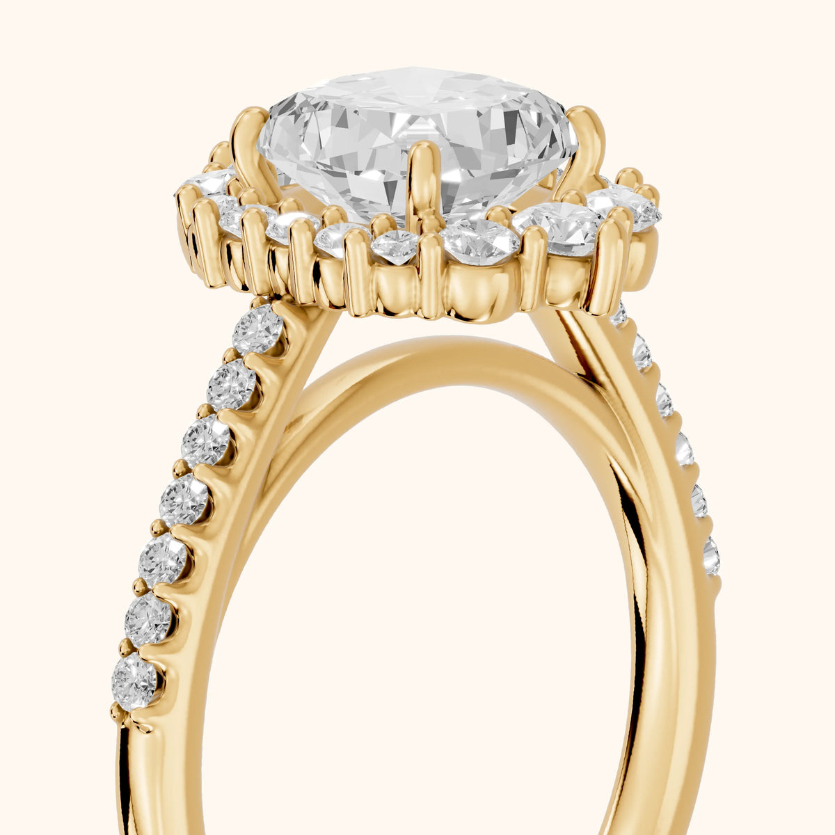 Rowena Graduated Halo Cushion Diamond Engagement Ring in Yellow Gold - slant-view.webp