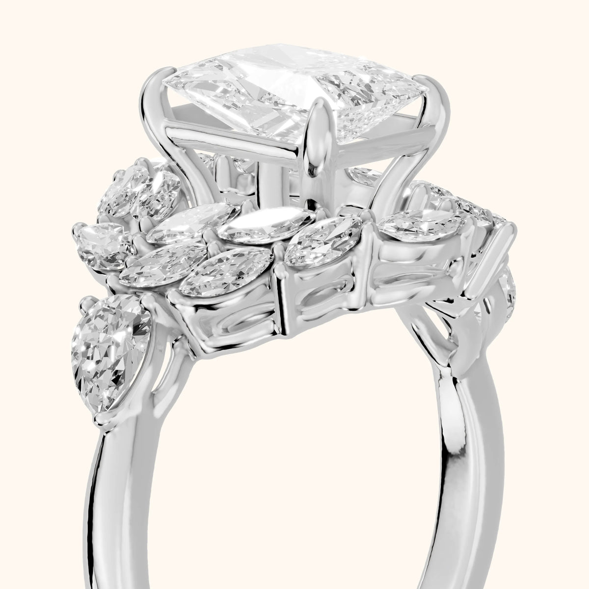 Liliana Leaf Cluster Radiant Diamond Engagement Ring in Platinum - slant-view.webp