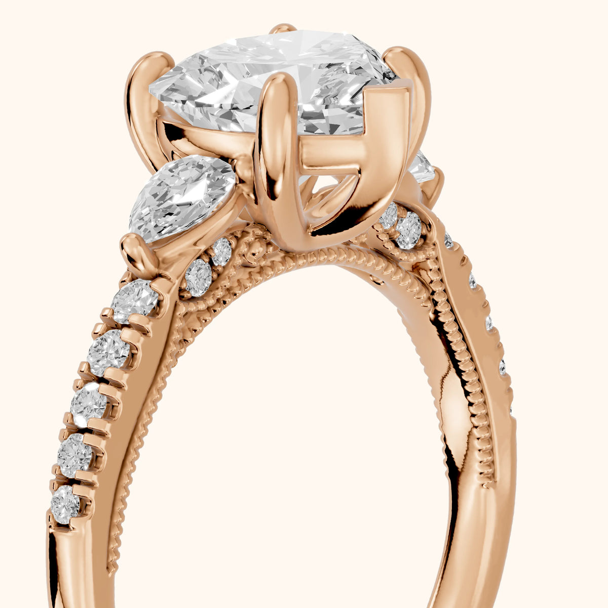Weston Pear-Side Three-Stone Heart Diamond Engagement Ring in Rose Gold - slant-view.webp