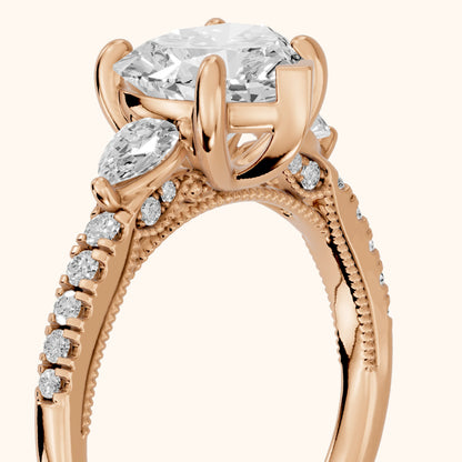 Weston Pear-Side Three-Stone Heart Diamond Engagement Ring in Rose Gold - slant-view.webp
