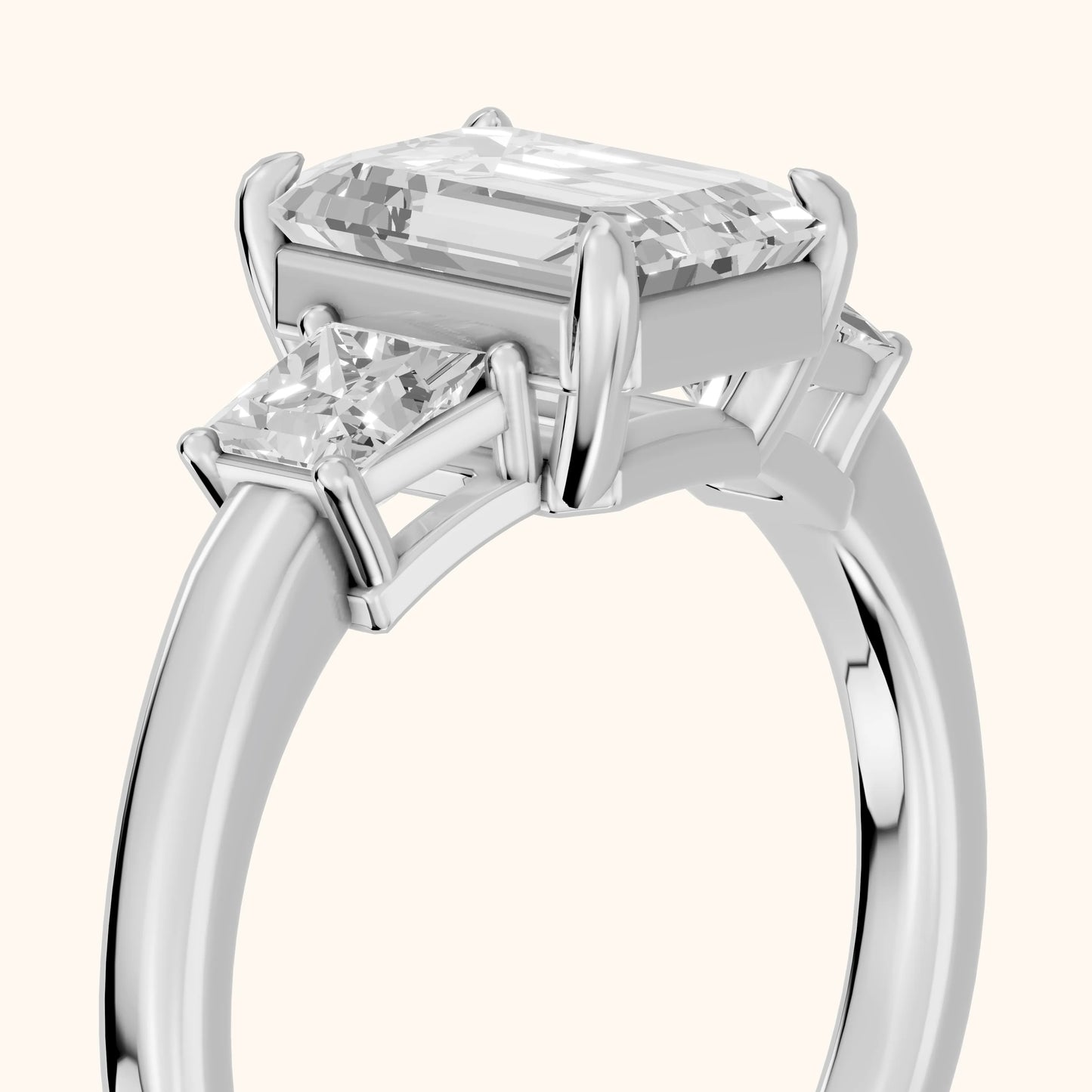 Selena Three-Stone Basket Emerald Diamond Ring in White Gold - slant-view.webp