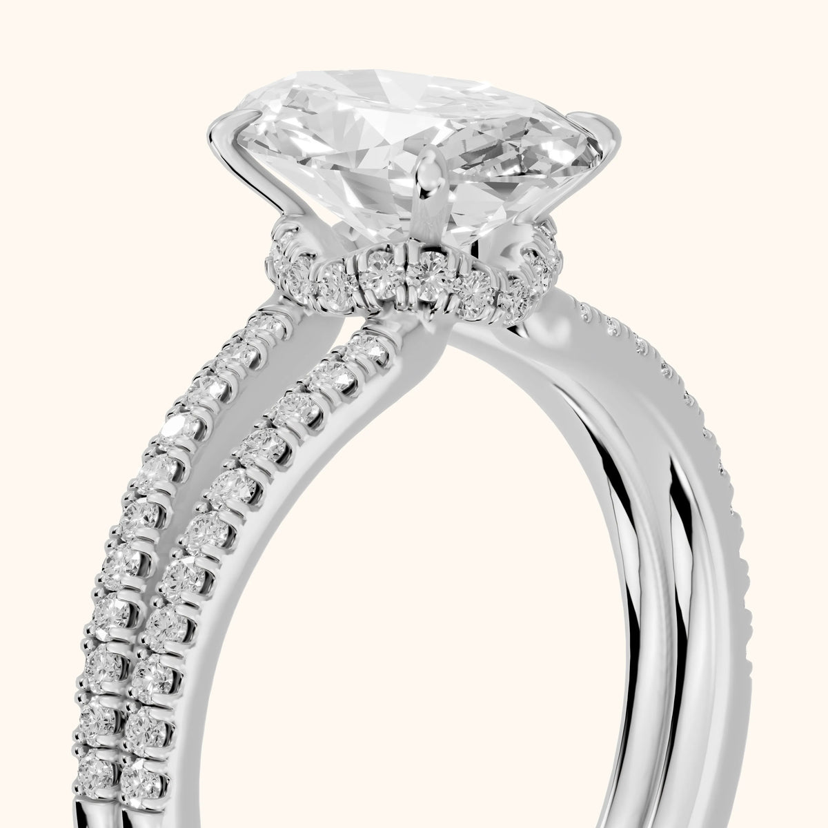 Carmel Hidden Halo Split Shank Oval Diamond Engagement Ring in Silver - slant-view.webp