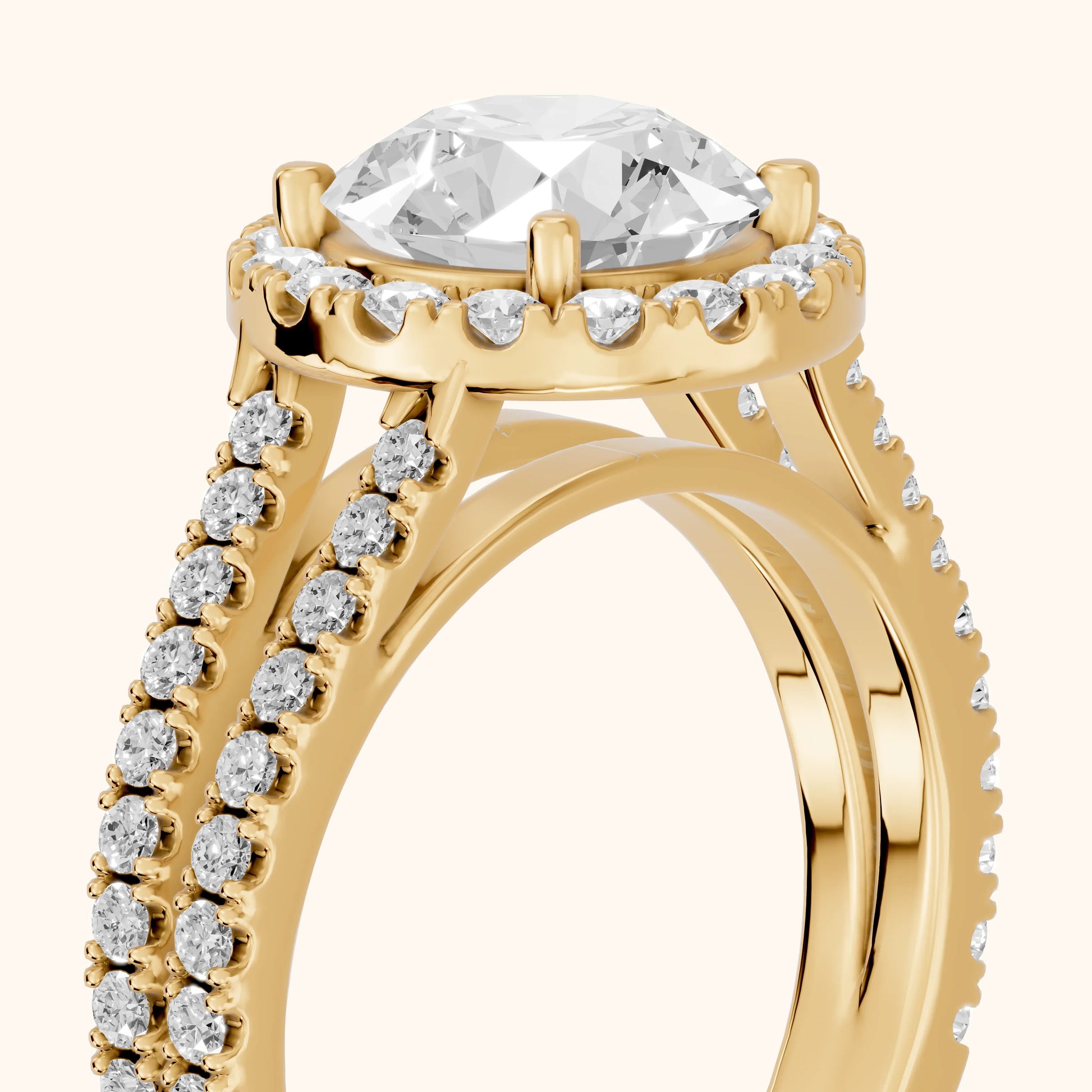 Kira Halo Split Shank Round Diamond Engagement Ring in Yellow Gold - slant-view.webp