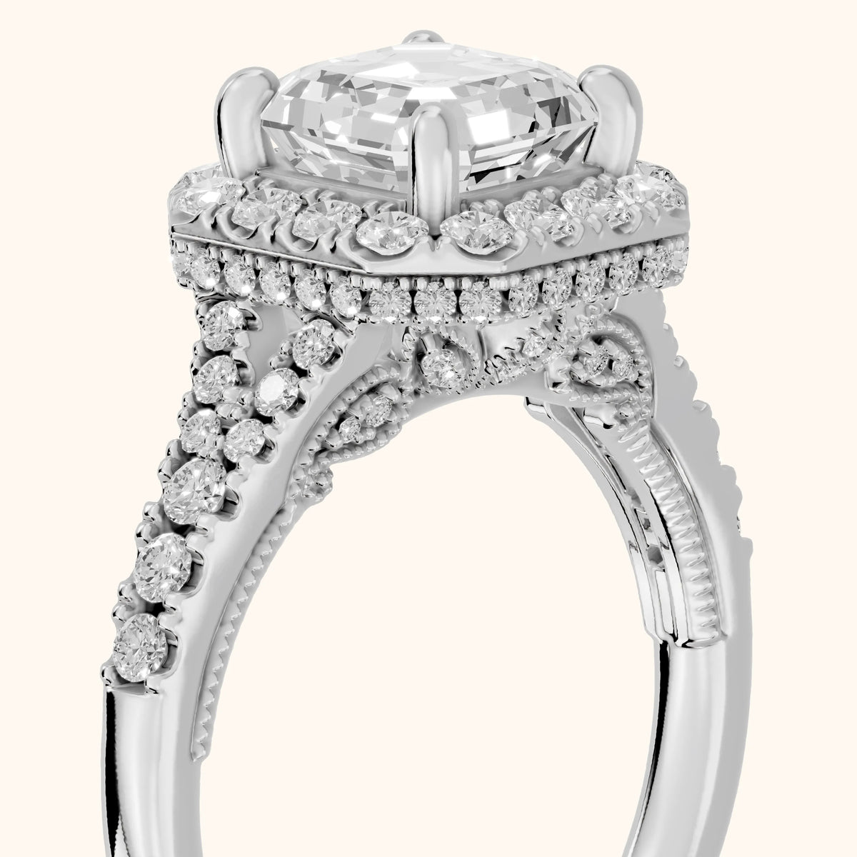 Kenner Halo Split Shank Asscher Diamond Engagement Ring in Silver - slant-view.webp