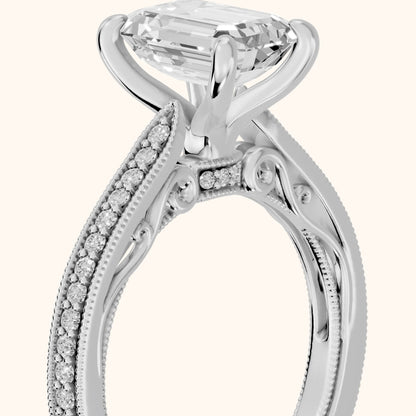 Camellia Milgrain Pavé Emerald Diamond Engagement Ring in Silver - slant-view.webp