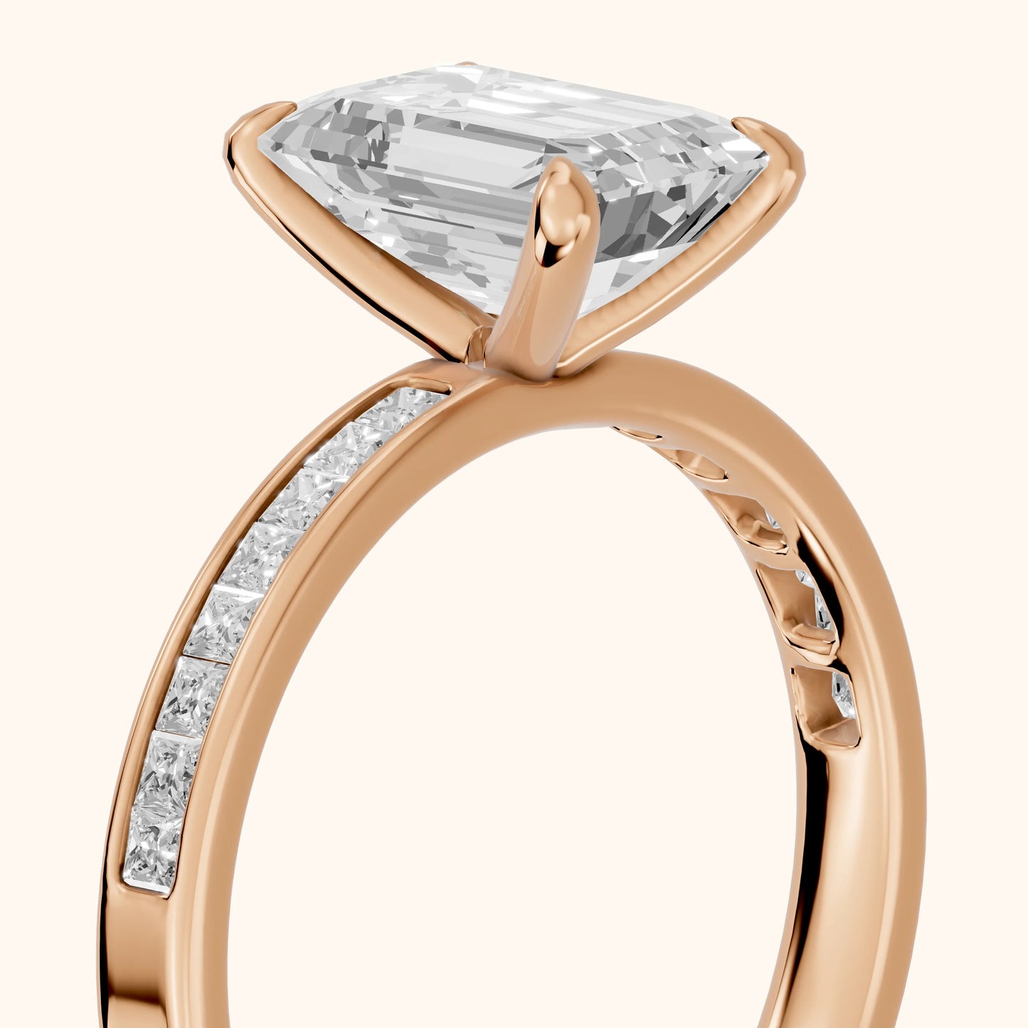 Maren Sidestone Channel Set Emerald Diamond Engagement Ring in Rose Gold - slant-view.webp