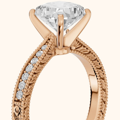 Inga Vintage Engraved Cushion Diamond Engagement Ring in Rose Gold - slant-view.webp