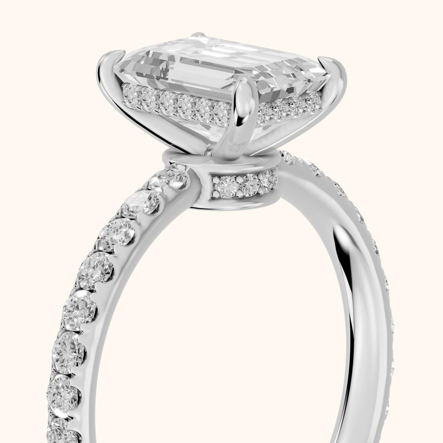 Thea Hidden Halo Pavé Emerald Diamond Engagement Ring in White Gold - slant-view.webp