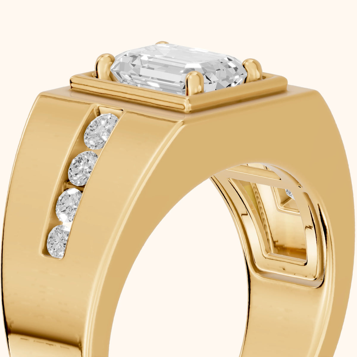 Orem Wide Band Channel Set Emerald Diamond Engagement Ring in Yellow Gold - slant-view.webp