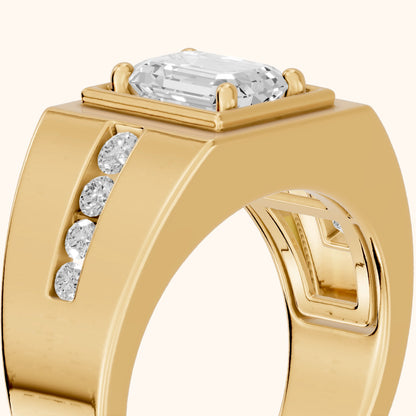 Orem Wide Band Channel Set Emerald Diamond Engagement Ring in Yellow Gold - slant-view.webp