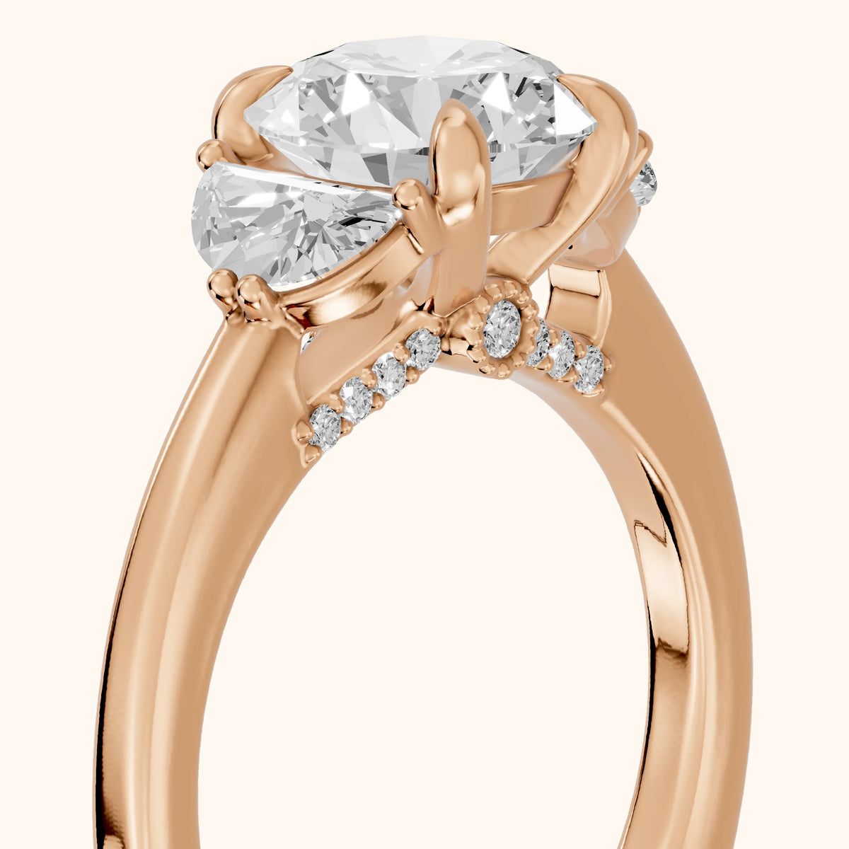 Salida Half-Moon Three-Stone Round Diamond Engagement Ring in Rose Gold - slant-view.webp