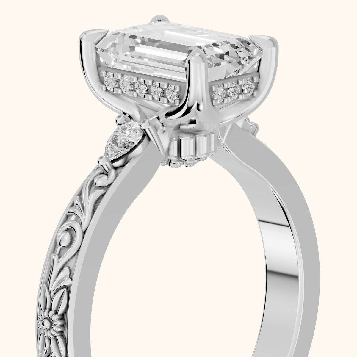 Siesta Three-Stone Engraved Emerald Diamond Engagement Ring in Platinum - slant-view.webp