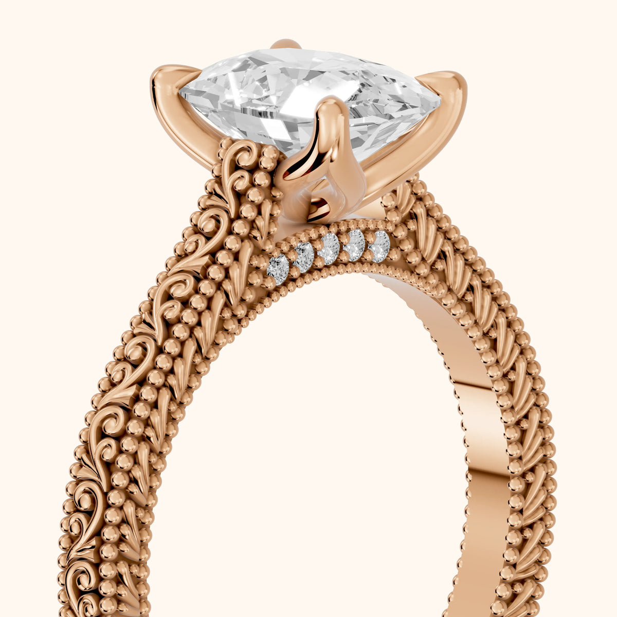 Sierra Hidden Halo Engraved Cushion Diamond Engagement Ring in Rose Gold - slant-view.webp