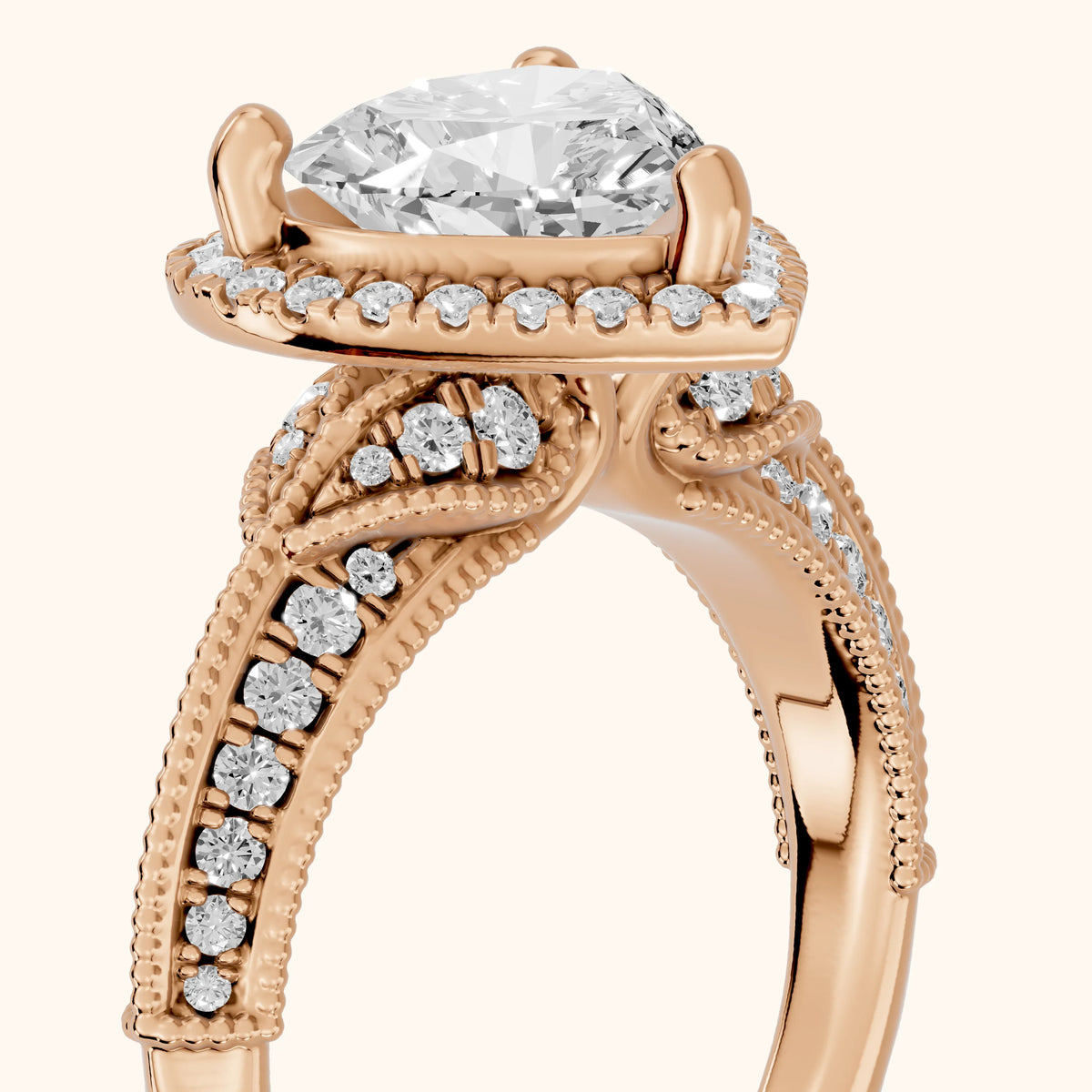 Logan Milgrain Halo Heart Diamond Engagement Ring in Rose Gold - slant-view.webp