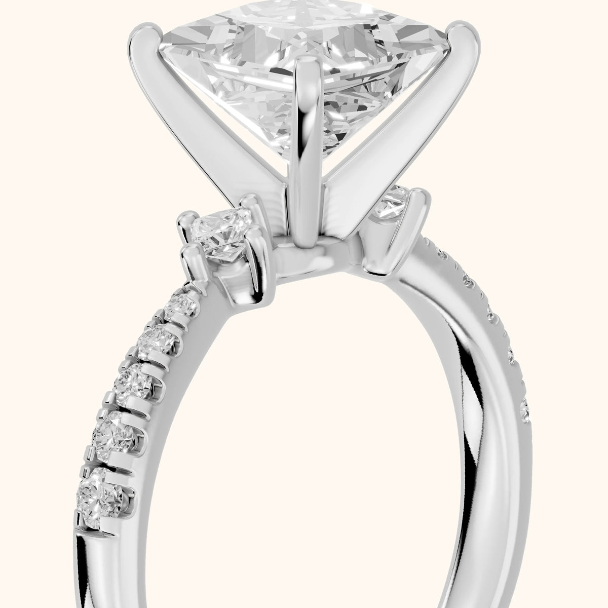 Alethea Three-Stone Pavé Princess Diamond Engagement Ring in White Gold - slant-view.webp