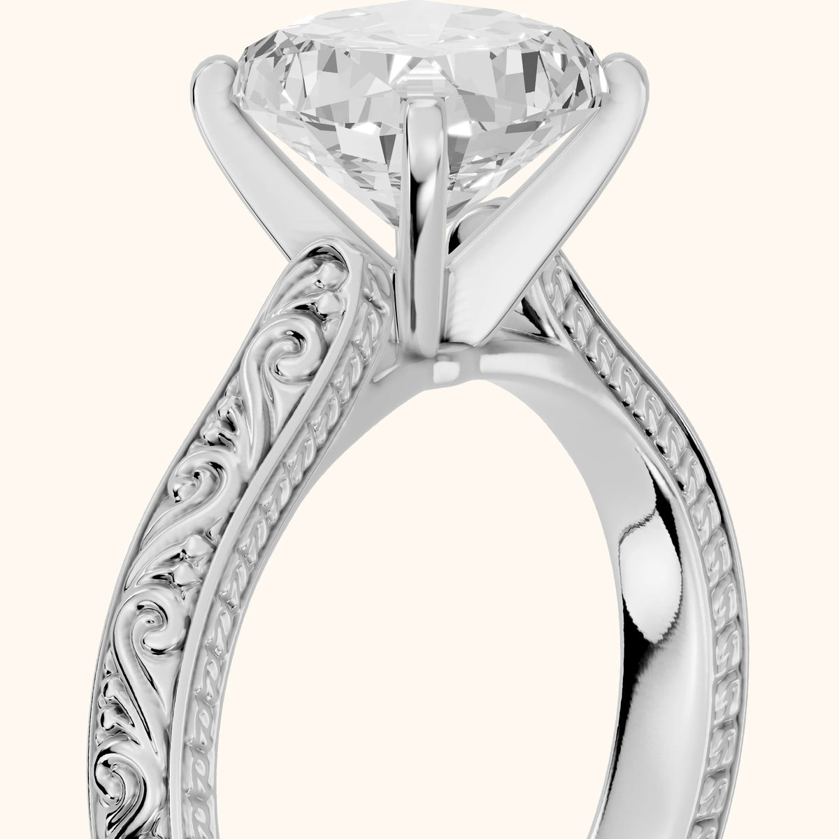 Fia Vintage Engraved Cushion Diamond Engagement Ring in Silver - slant-view.webp