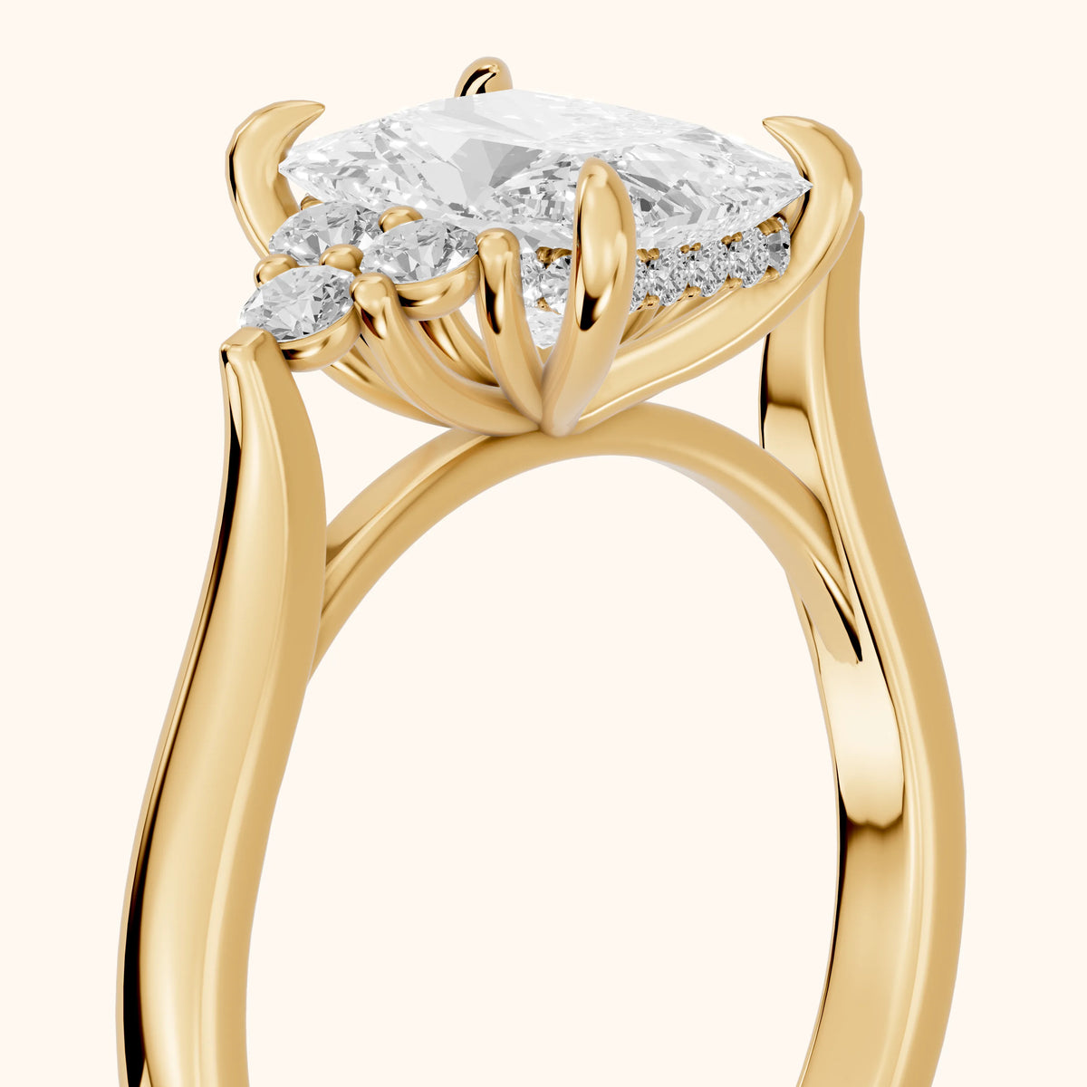 Anya Sidestone Cluster Radiant Diamond Engagement Ring in Yellow Gold - slant-view.webp