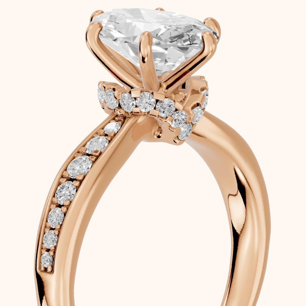 Ione Hidden Halo Pavé Oval Diamond Engagement Ring in Rose Gold - slant-view.webp