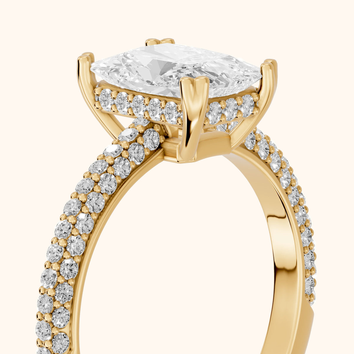 Celeste Hidden Halo Pavé Radiant Diamond Engagement Ring in Yellow Gold - slant-view.webp