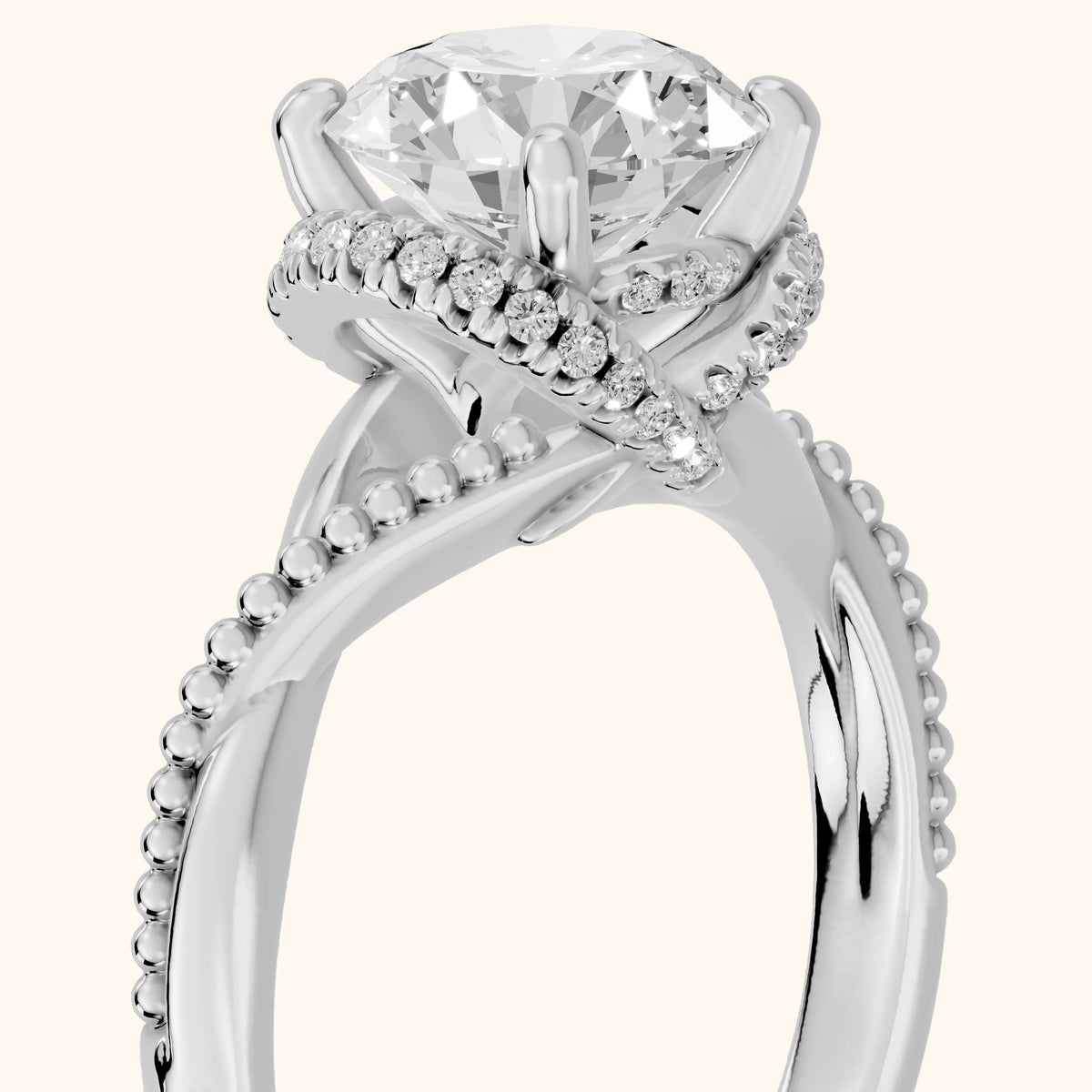 Aileen Hidden Halo Milgrain Round Diamond Engagement Ring in White Gold - slant-view.webp