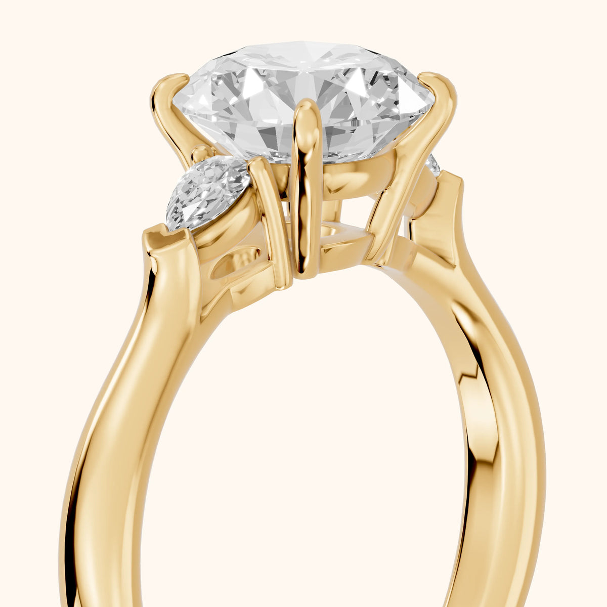 Dahlia Three-Stone Cathedral Round Diamond Engagement Ring in Yellow Gold - slant-view.webp