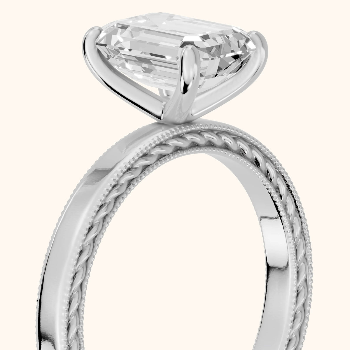 Kerry Engraved Solitaire Emerald Diamond Engagement Ring in Platinum - slant-view.webp