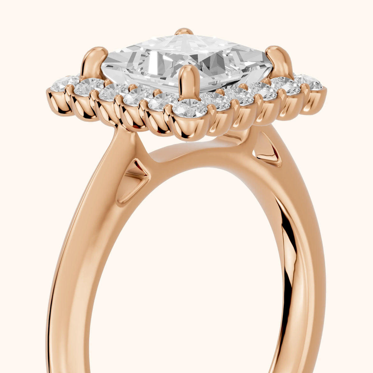 Rae Floral Halo Princess Diamond Engagement Ring in Rose Gold - slant-view.webp