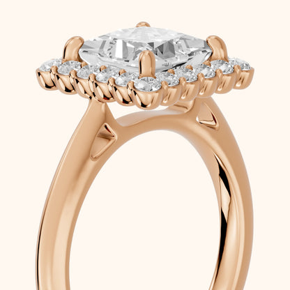 Rae Floral Halo Princess Diamond Engagement Ring in Rose Gold - slant-view.webp