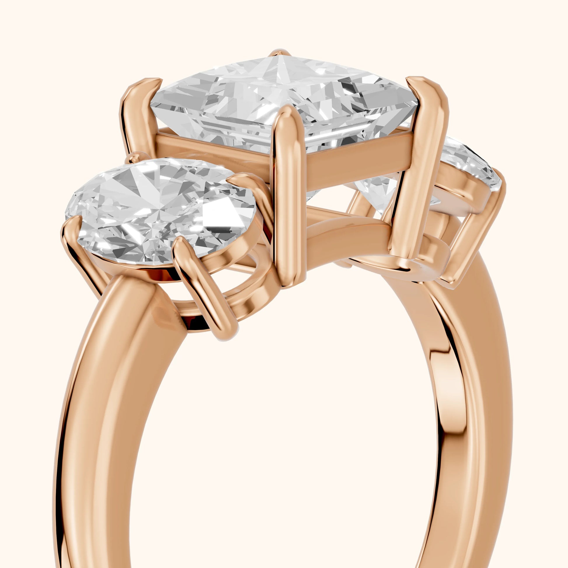 Lila Three-Stone Princess Diamond Ring in Rose Gold - slant-view.webp