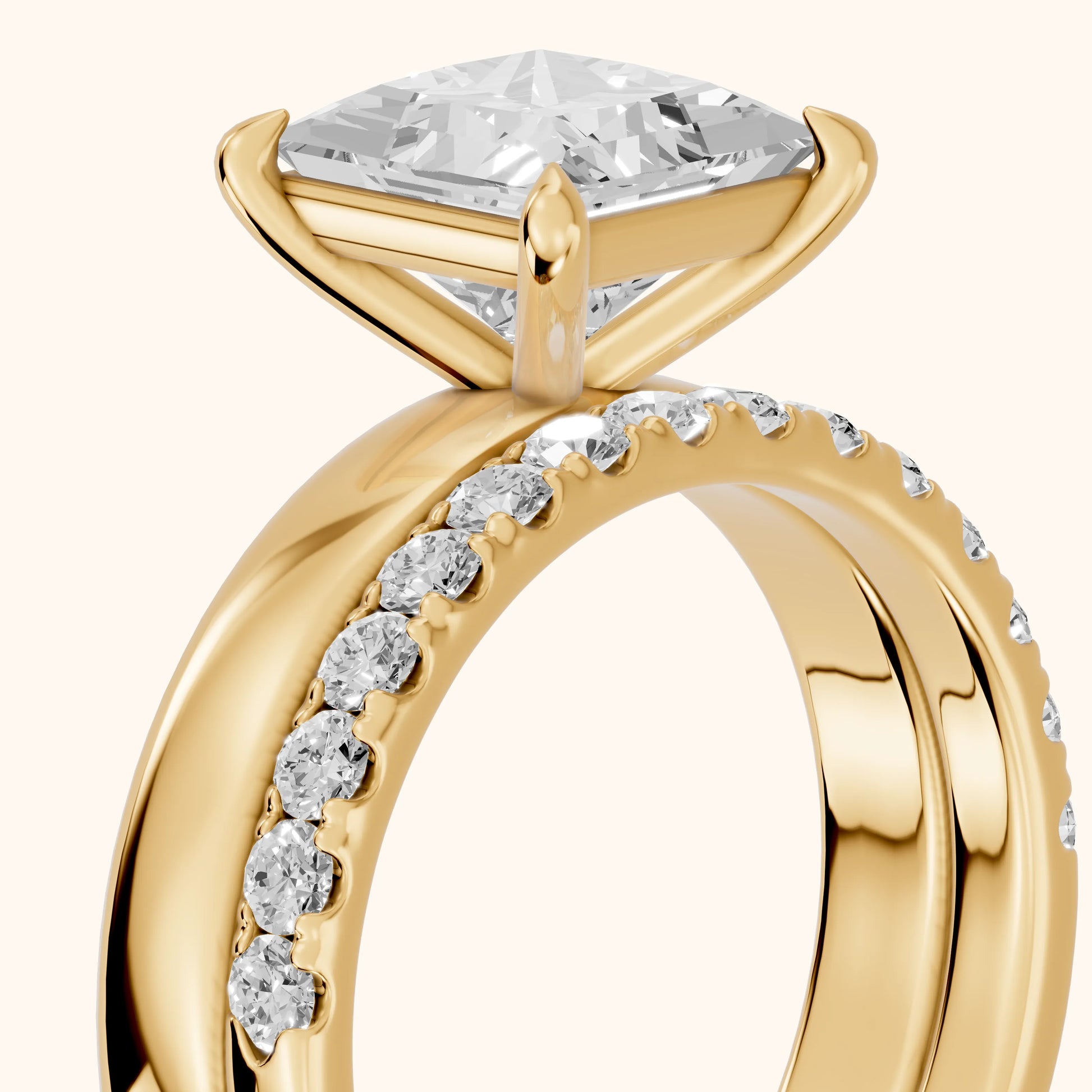 Veda Split Shank Pavé Princess Diamond Engagement Ring in Yellow Gold - slant-view.webp