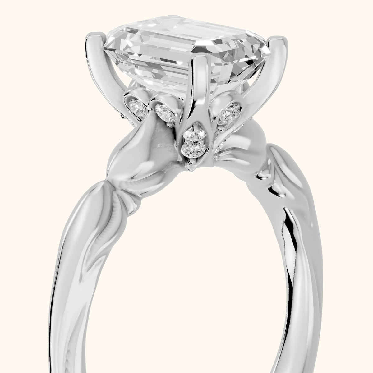 Verena Engraved Leaf Emerald Diamond Engagement Ring in Platinum - slant-view.webp
