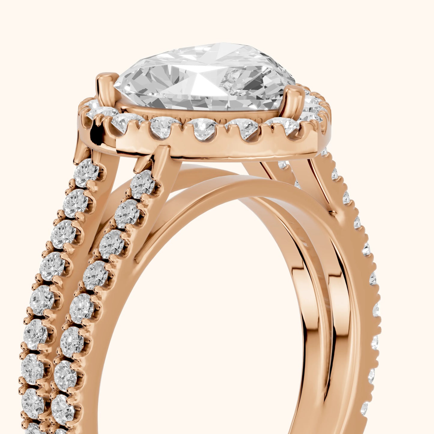 Kira Halo Split Shank Heart Diamond Engagement Ring in Rose Gold - slant-view.webp