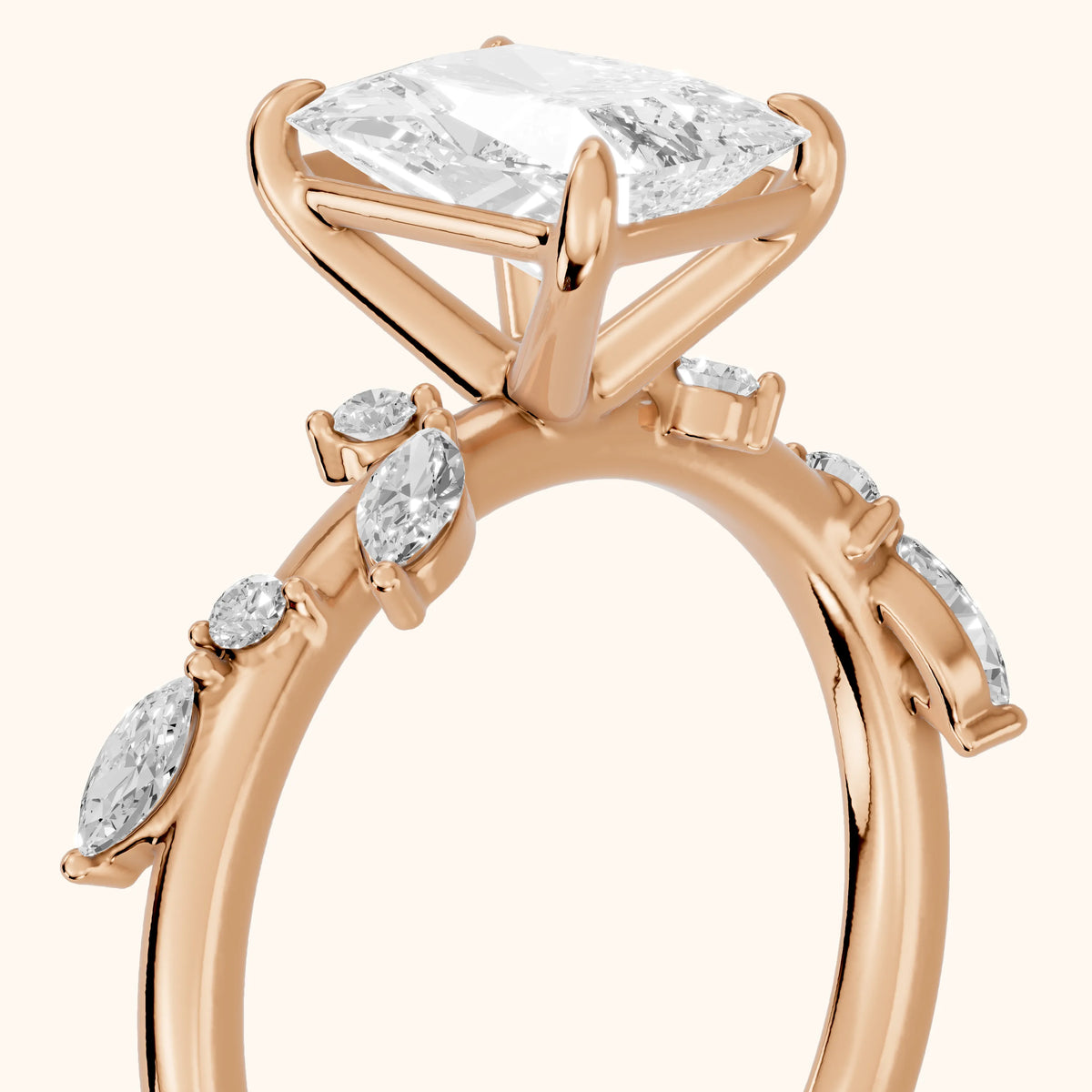 Vivian Leaf Radiant Diamond Engagement Ring in Rose Gold - slant-view.webp