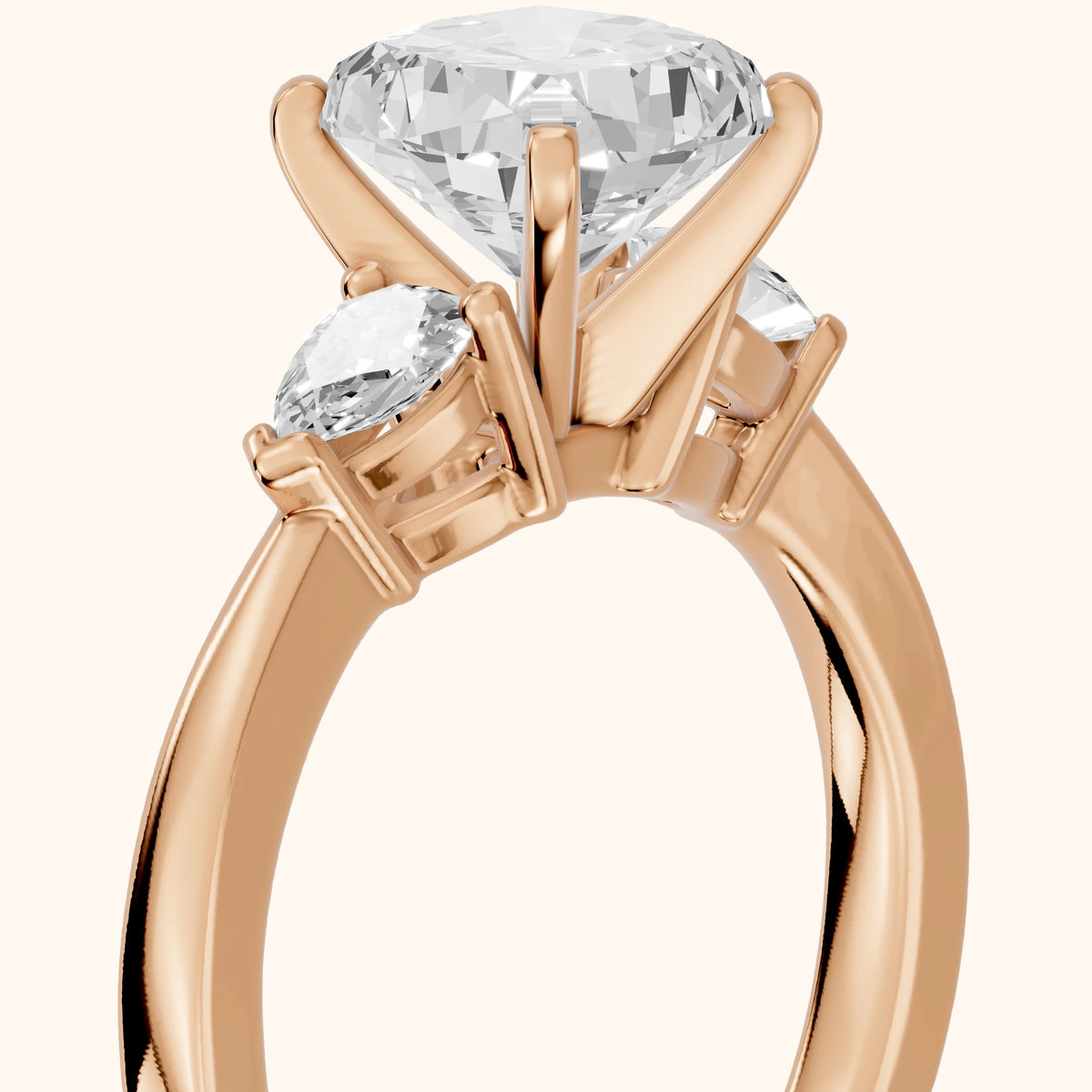 Amabel Three-Stone Cushion Diamond Engagement Ring in Rose Gold - slant-view.webp