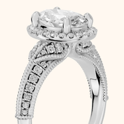 Logan Milgrain Halo Oval Diamond Engagement Ring in White Gold - slant-view.webp