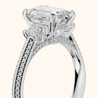 Aspen Three-Stone Knife Edge Emerald Diamond Engagement Ring in Silver - slant-view.webp