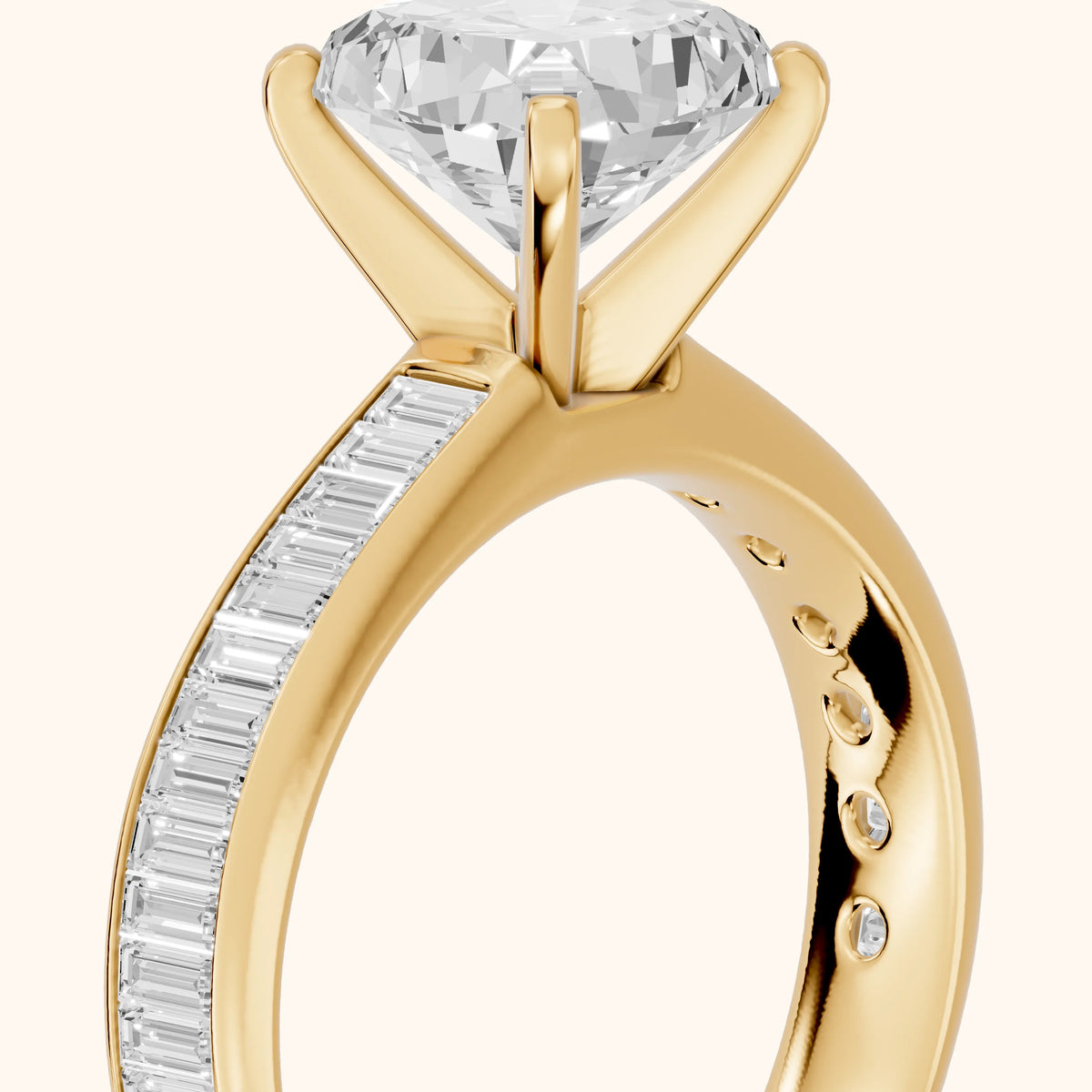 Medina Baguette Channel Set Cushion Diamond Engagement Ring in Yellow Gold - slant-view.webp