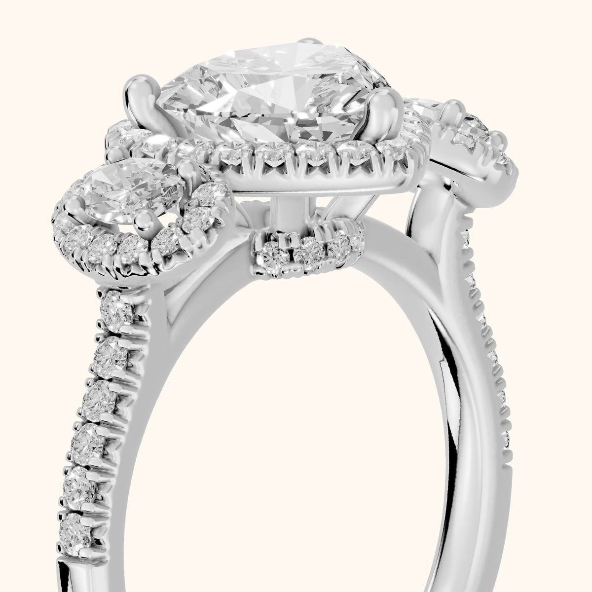 Austin Three-Stone Halo Heart Diamond Engagement Ring in Silver - slant-view.webp