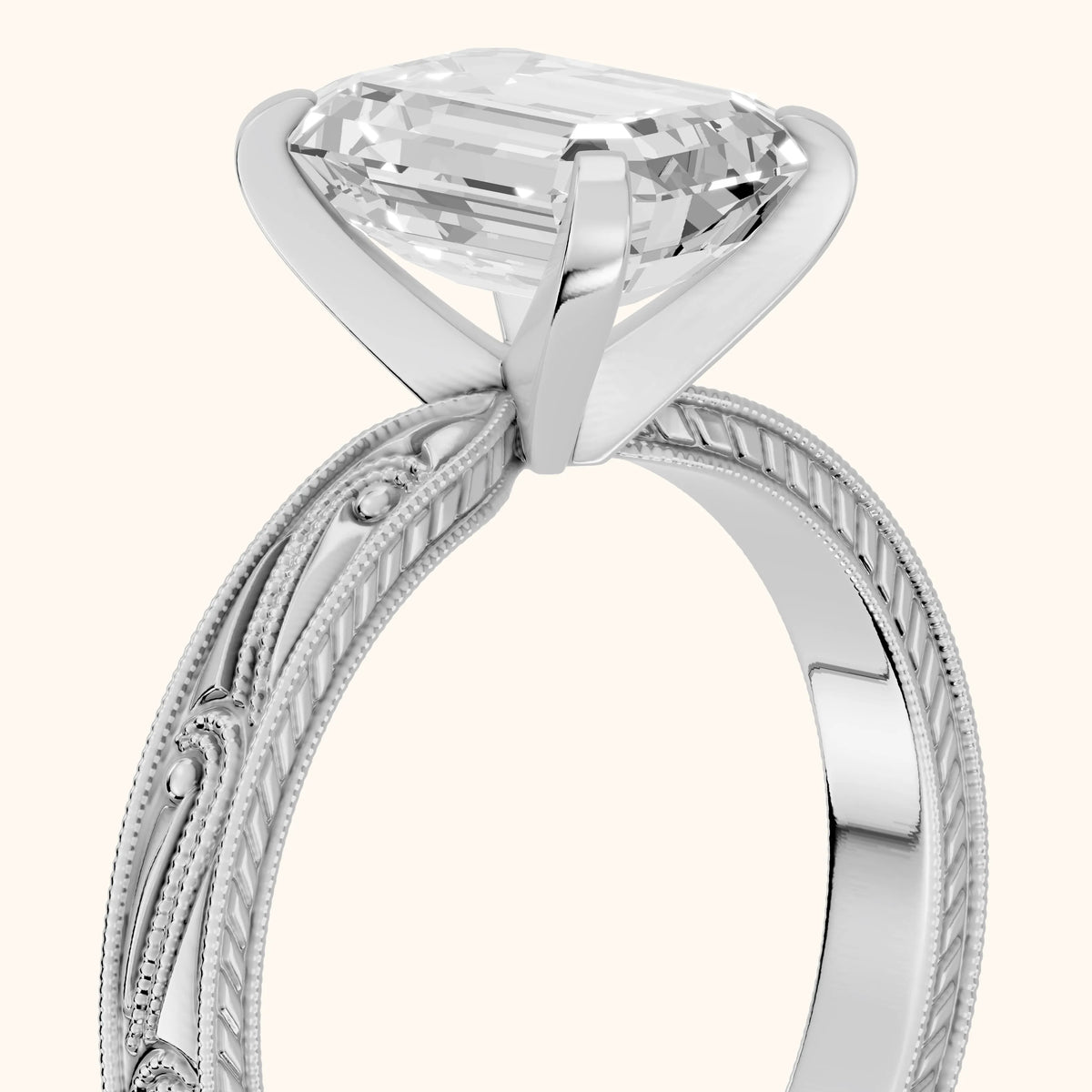 Abbie Engraved Solitaire Emerald Diamond Engagement Ring in Silver - slant-view.webp