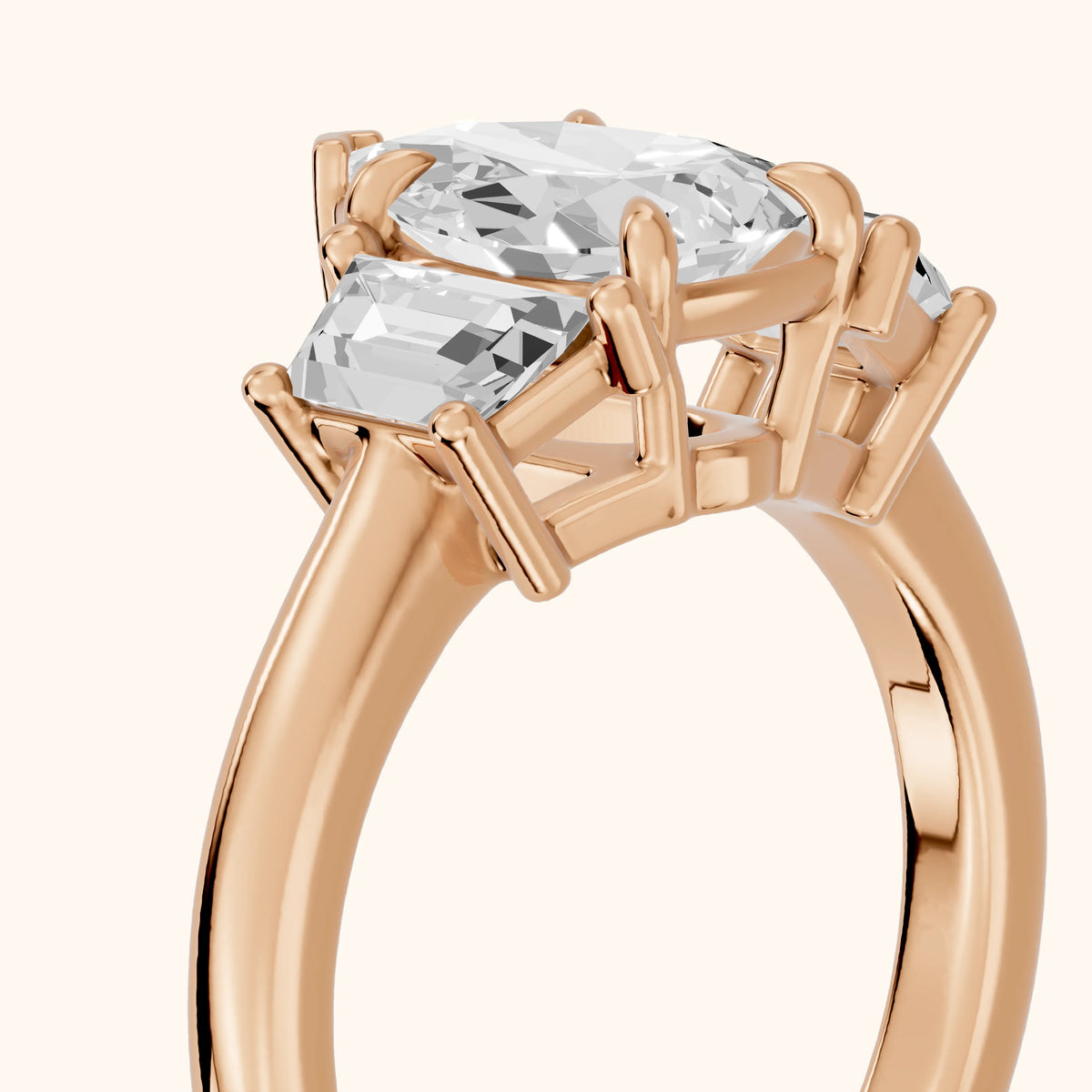 Filippa Trapezoid Three-Stone Pear Diamond Engagement Ring in Rose Gold - slant-view.webp