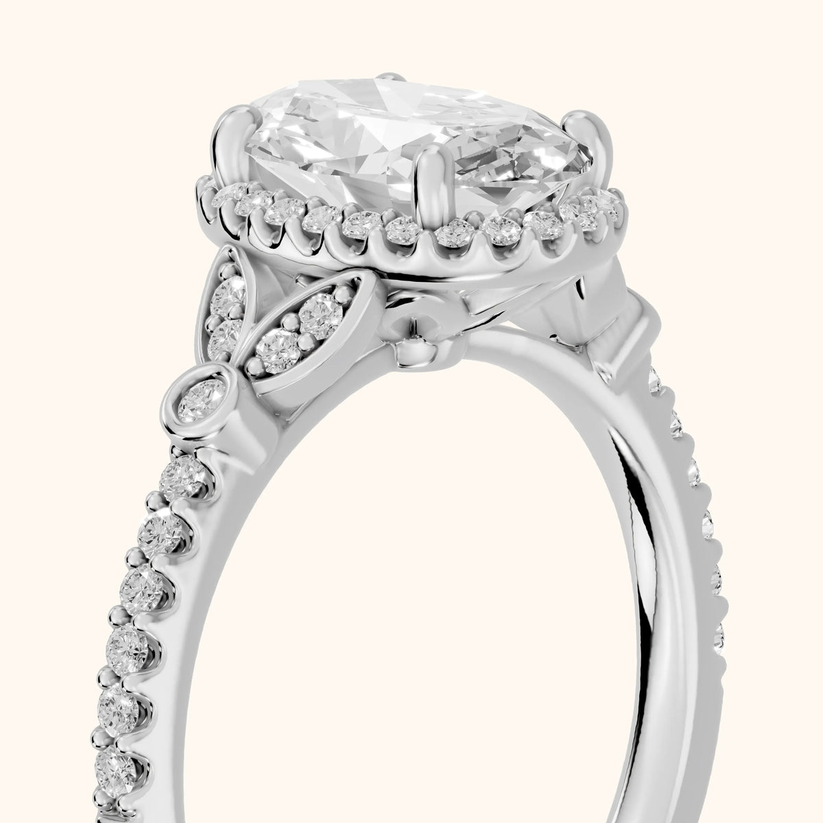 Sitka Leaf Halo Oval Diamond Engagement Ring in Silver - slant-view.webp
