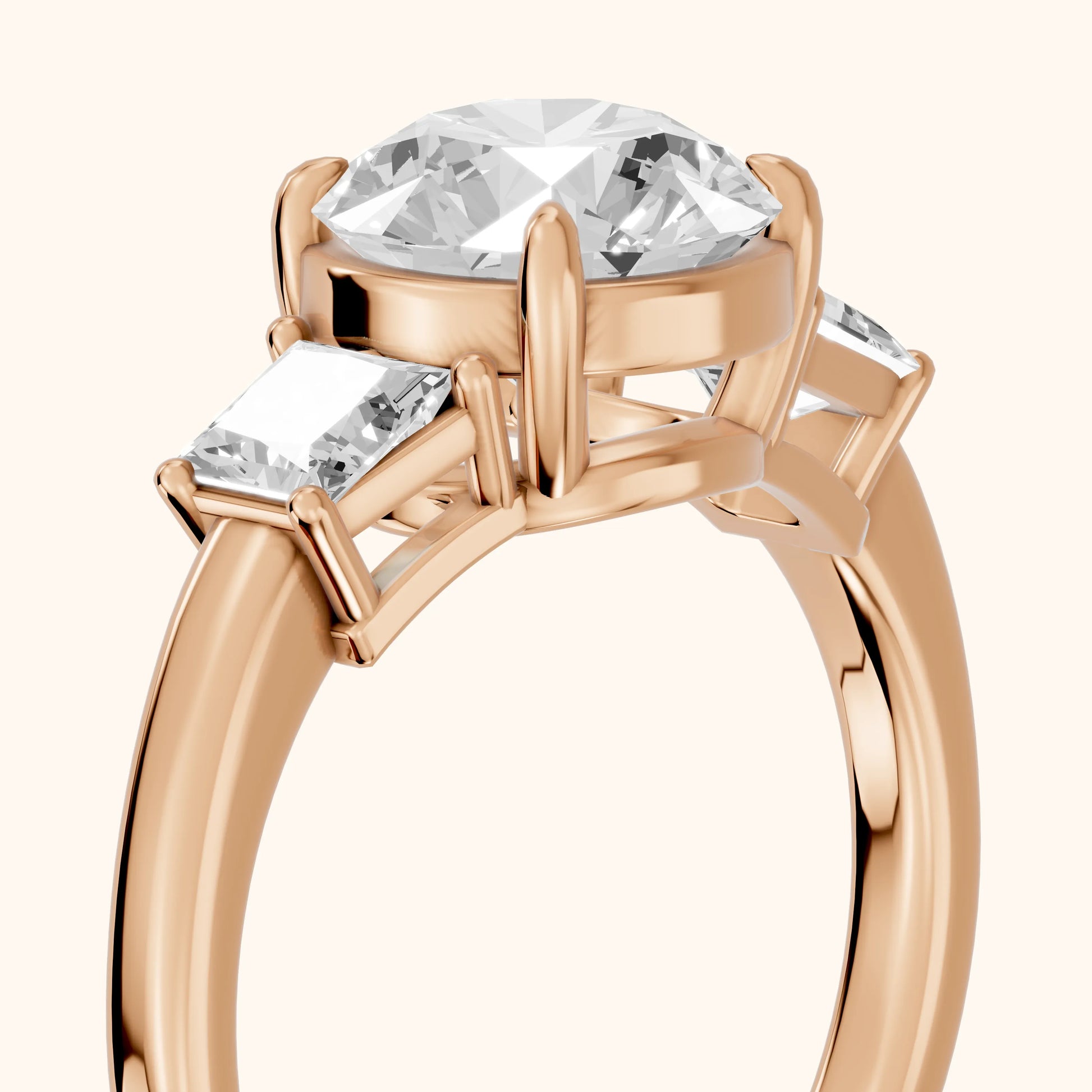 Selena Three-Stone Basket Round Diamond Ring in Rose Gold - slant-view.webp