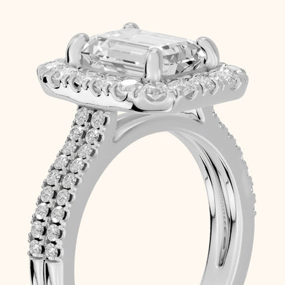 Blythe Halo Split Shank Emerald Diamond Engagement Ring in White Gold - slant-view.webp