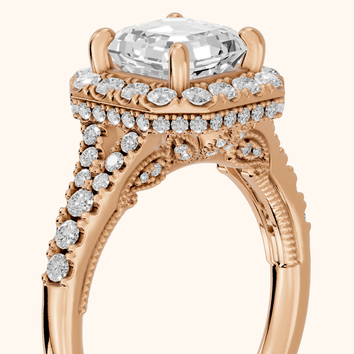 Kenner Halo Split Shank Asscher Diamond Engagement Ring in Rose Gold - slant-view.webp