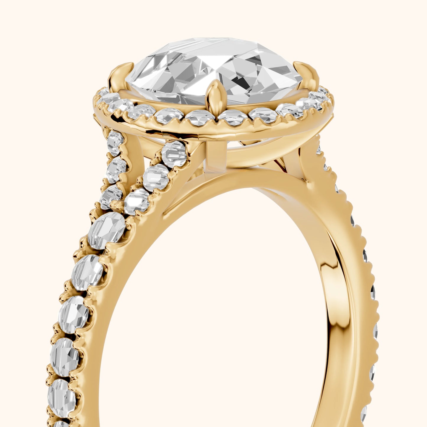 Bella Halo Pavé Round Diamond Engagement Ring in Yellow Gold - slant-view.webp