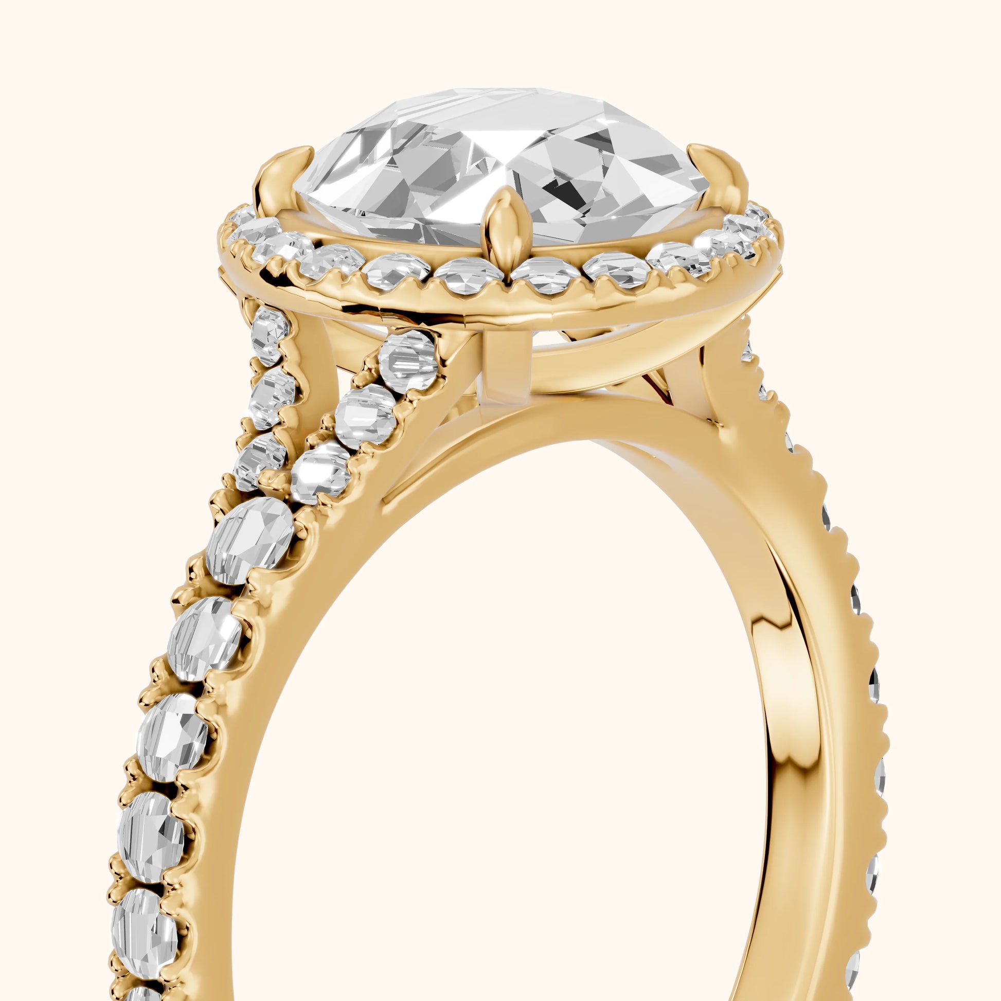 Bella Halo Pavé Round Diamond Engagement Ring in Yellow Gold - slant-view.webp