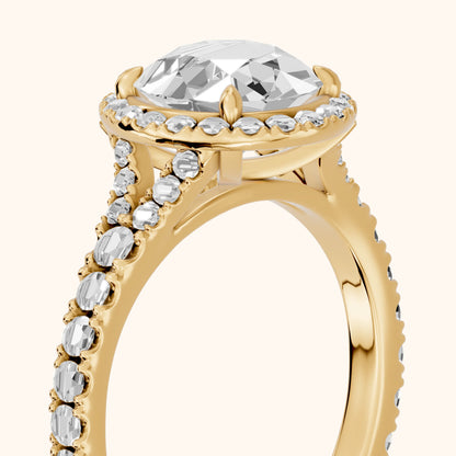 Bella Halo Pavé Round Diamond Engagement Ring in Yellow Gold - slant-view.webp